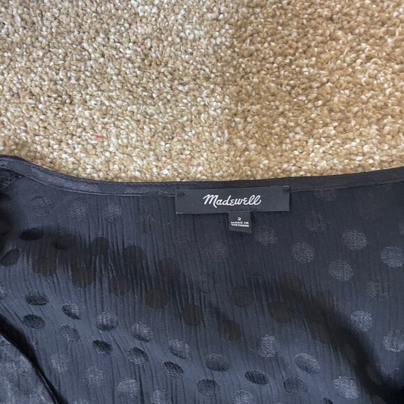 Madewell Top blouse smocked daylight woven Swiss dot black button up V-neck SZ 2 - Picture 3 of 14